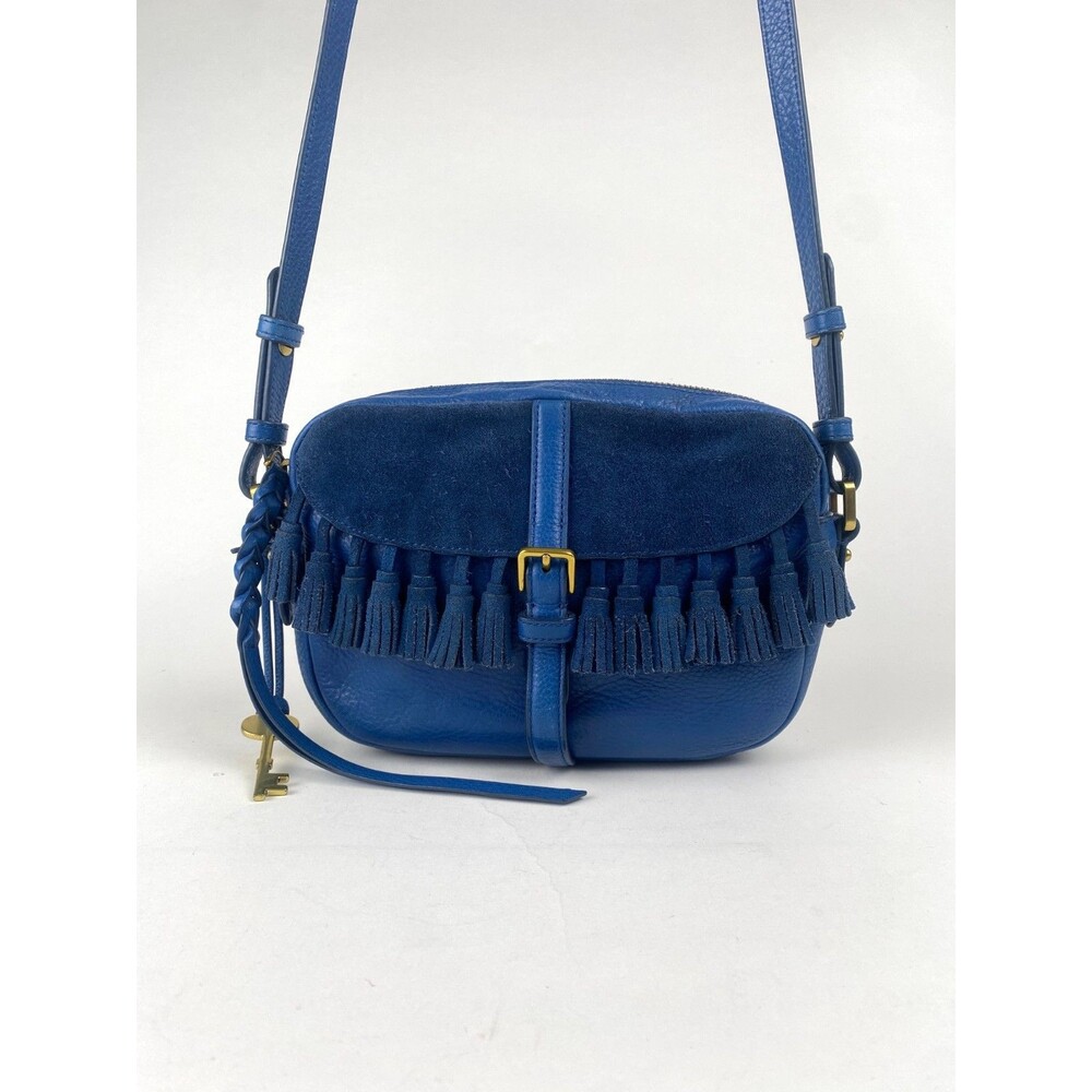 Fossil Kendall Crossbody Bag Marine Blue Leather Suede Fringe Tassel Purse